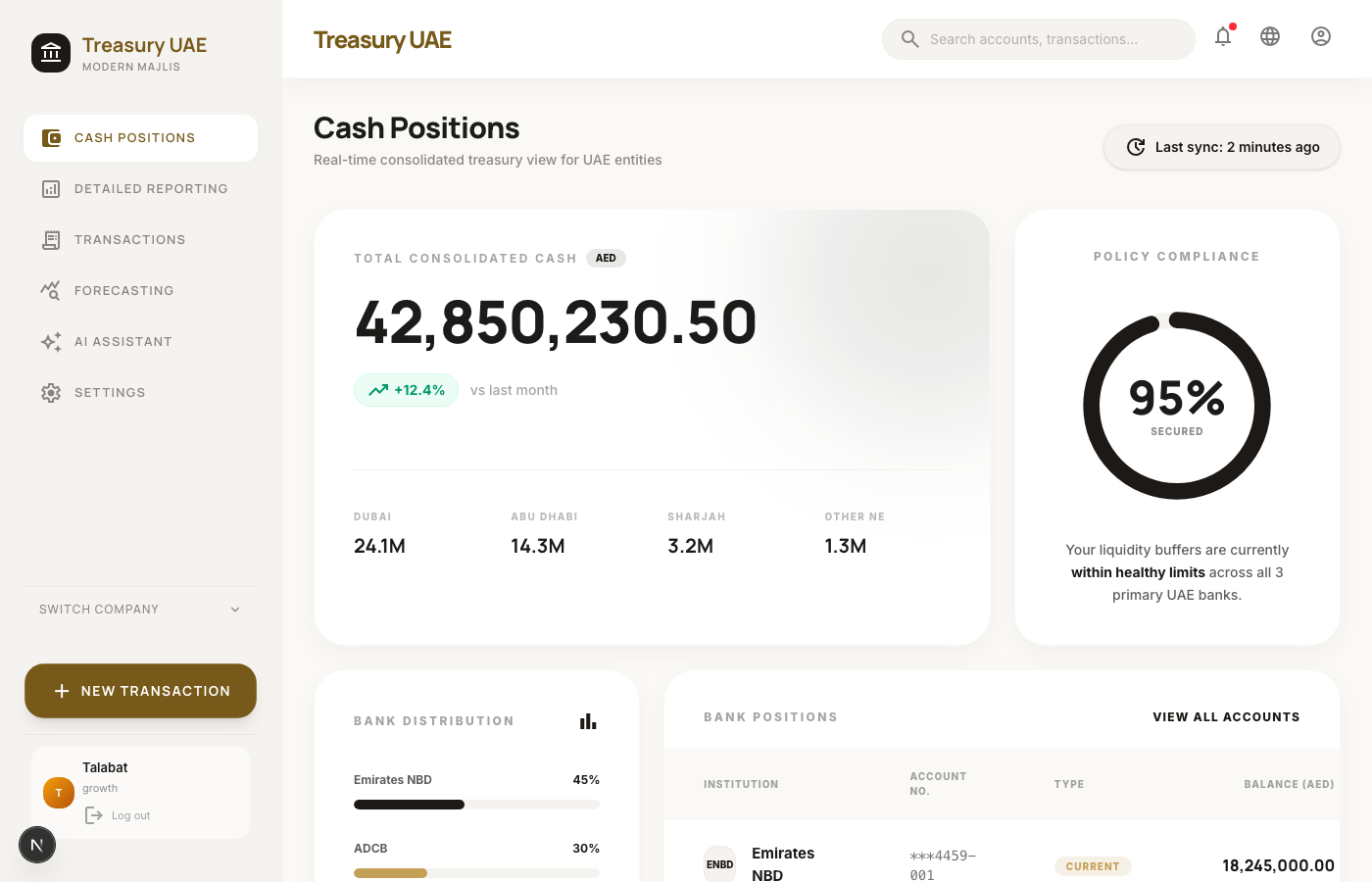 Alif treasury dashboard showing real-time cash positions across UAE bank accounts